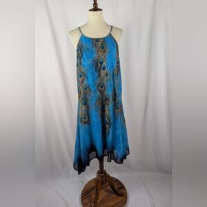 Indigo Soul Peacock Feather Print Dress Handkerchief Hem Spaghetti Strap Size L